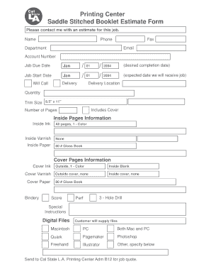 Saddle Stitched Booklet Estimate Form