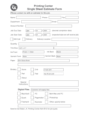 Printing Center Single Sheet Estimate Form