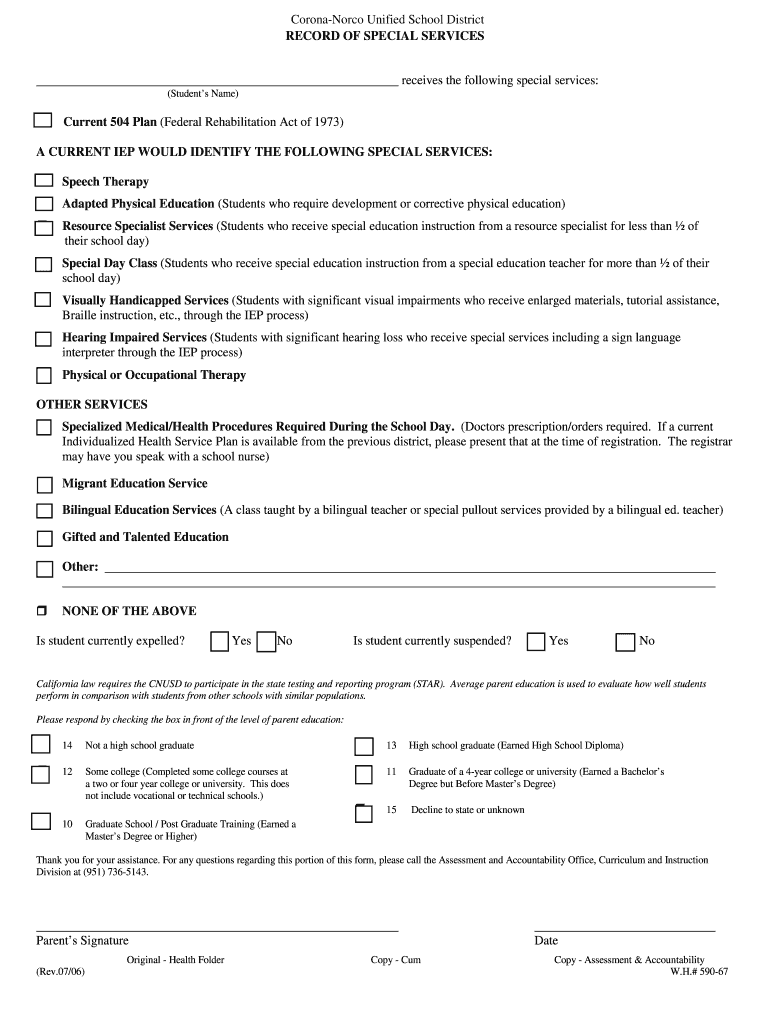 Corona-Norco Unified School District Special Services Record Preview on Page 1