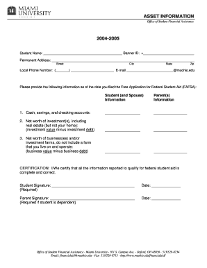 Student Financial Aid Asset Information Form
