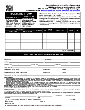 Alameda Recreation and Park Department Registration Form