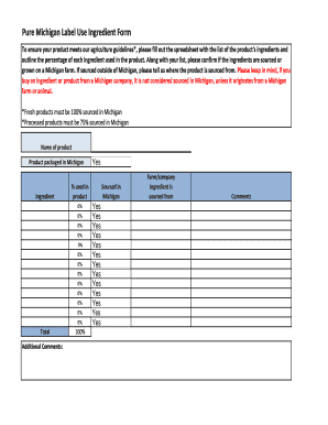 Pure Michigan Label Use Ingredient Form