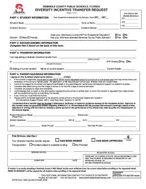 Seminole County Public Schools Diversity Incentive Transfer Request