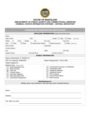 Maryland Livescan Pre-Registration Application