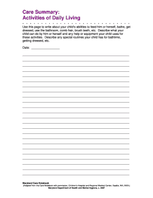 Activities of Daily Living Care Summary