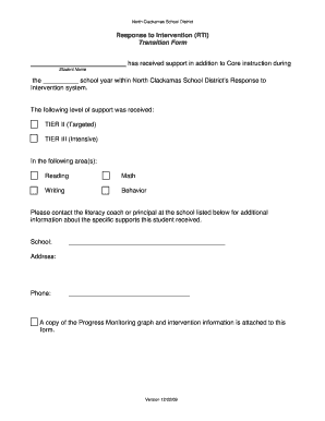 Response to Intervention Transition Form