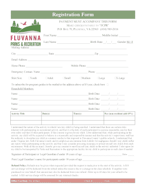 Fluvanna County Parks and Recreation Registration Form