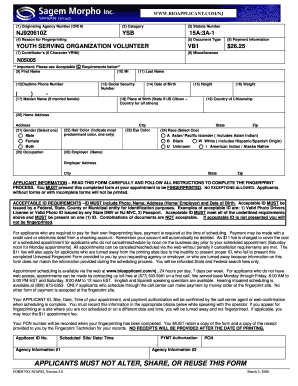 New Jersey Youth Serving Organization Volunteer Fingerprint Form