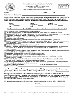Florida School Health Record Documentation Request