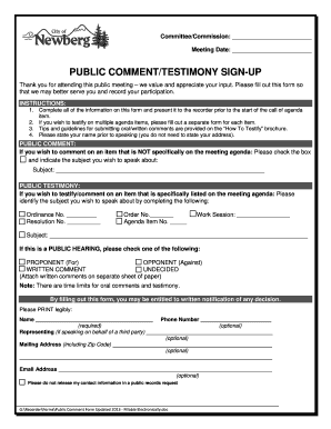 Public Comment Testimony Sign-Up Form