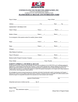 US Youth Soccer Player Medical Release Form