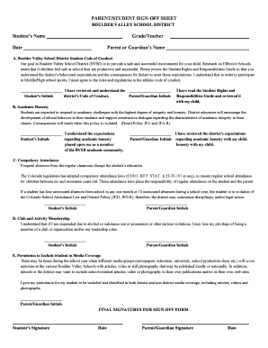 Boulder Valley School District Student Sign-Off Sheet