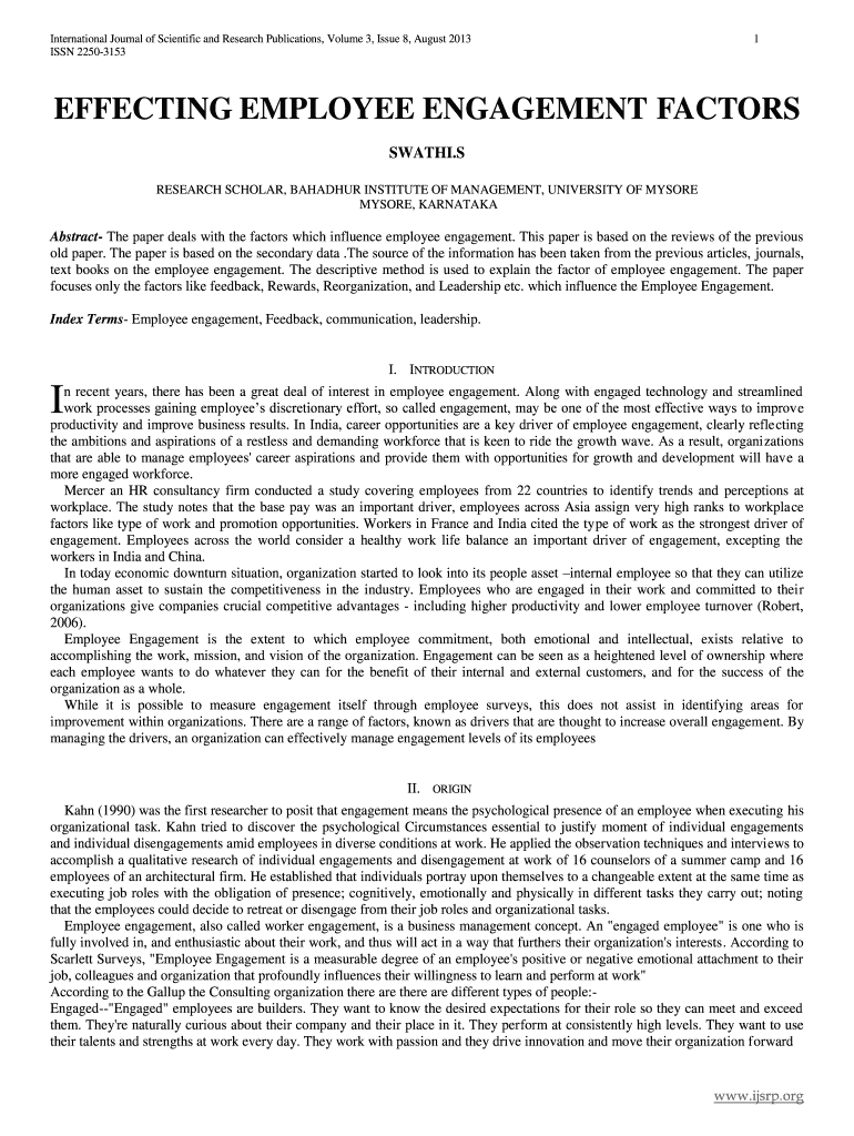 Fillable Online A study on employee engagement activities at Mysore IT