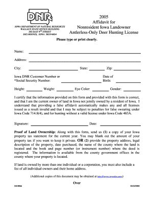 Iowa Nonresident Landowner Antlerless-Only Deer Hunting License Affidavit