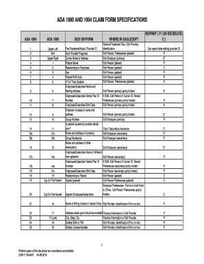 ADA 1990 and 1994 Dental Claim Form