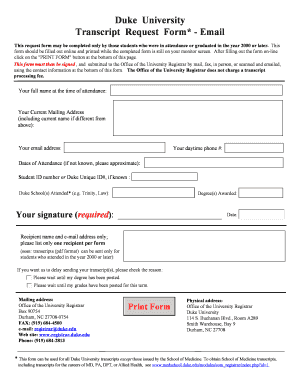 Duke University Transcript Request Form