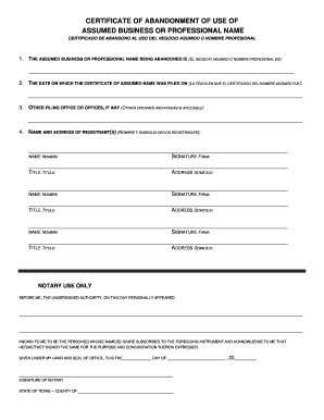 Certificate of Abandonment of Use of Assumed Business Name