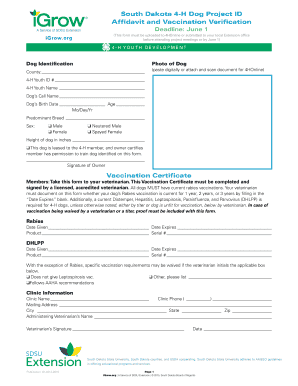 South Dakota 4-H Dog Project Affidavit and Vaccination Verification