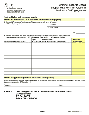 DHS 303 Supplemental Form for Personnel Services