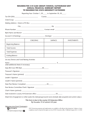 Washington 4-H Club Annual Financial Summary Report
