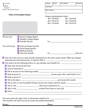 Oregon Notice of Incomplete Report