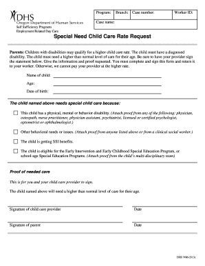 Special Need Child Care Rate Request