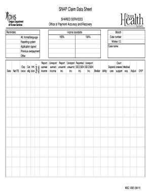 SNAP Claim Data Sheet