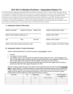 2015-2016 Verification Worksheet - Independent Student