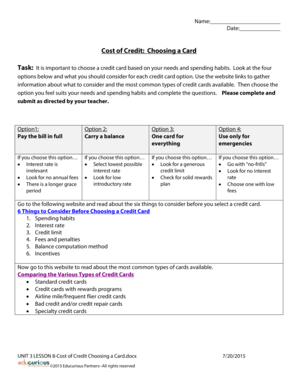 Credit Card Selection Worksheet