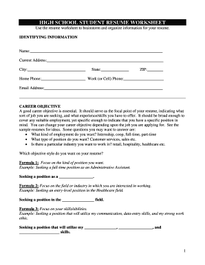 High School Student Resume Worksheet