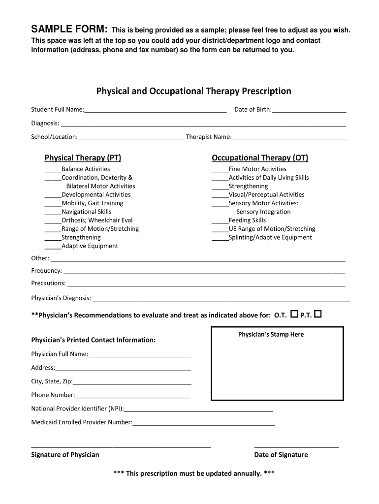 Fillable Online Physical and Occupational Therapy Prescription Fax ...