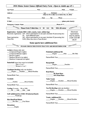 Maine Senior Games Official Entry Form