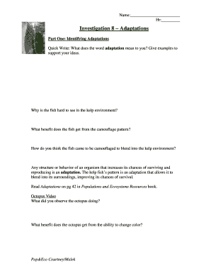 Science Worksheet on Organism Adaptations