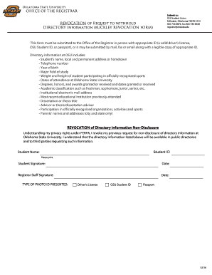 Oklahoma State University Directory Information Revocation Form