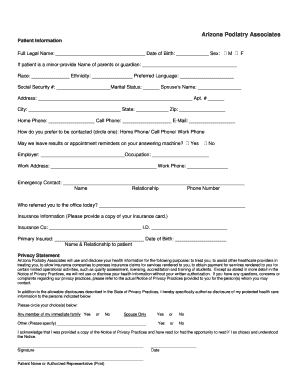 Arizona Podiatry Patient Information Form