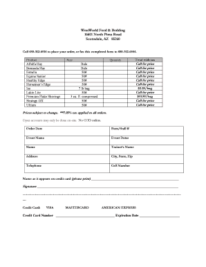 WestWorld Feed & Bedding Order Form