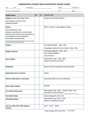 Confidential Student Health Inventory Form