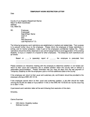 Temporary Work Restriction Letter
