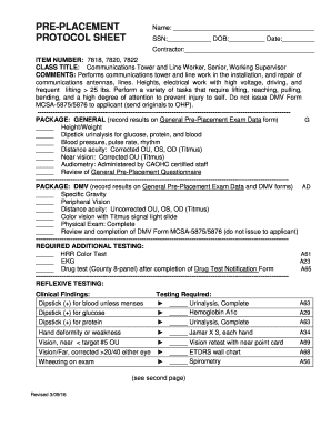 Pre-Placement Exam Protocol Sheet