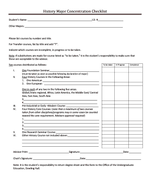 History Major Concentration Checklist