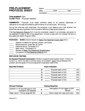 Physician Assistant Pre-Placement Protocol Sheet