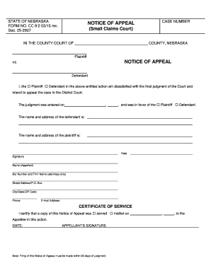 Nebraska Small Claims Court Notice of Appeal