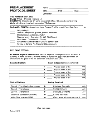 Pre-Placement Protocol Sheet for Physical Therapist