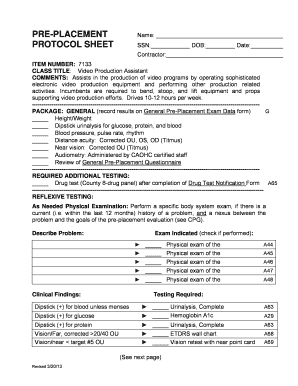 Pre-Placement Protocol Sheet