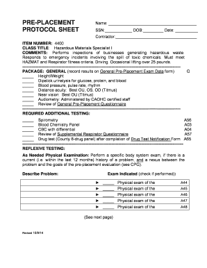 Hazardous Materials Specialist Pre-Placement Protocol Sheet