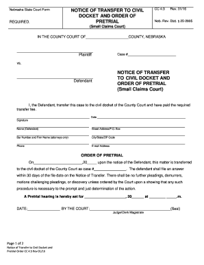 Nebraska Notice of Transfer to Civil Docket