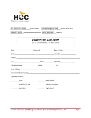 Teacher Education Field Study Data Form