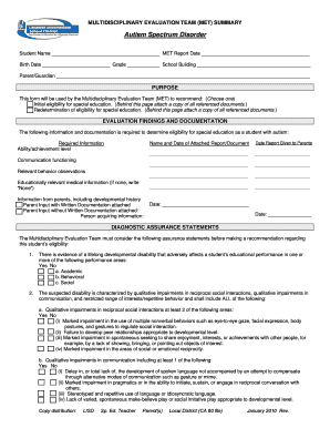 Multidisciplinary Evaluation Team (MET) Summary for Autism Spectrum Disorder