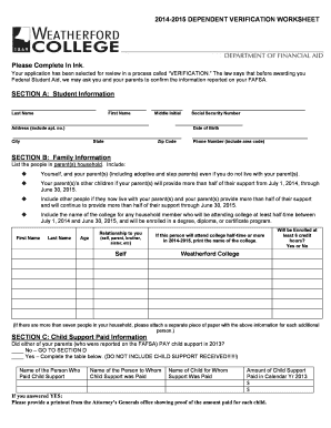 2014-2015 Dependent Verification Worksheet