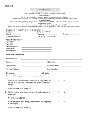 Prior Authorization Form for Nuvigil or Modafinil